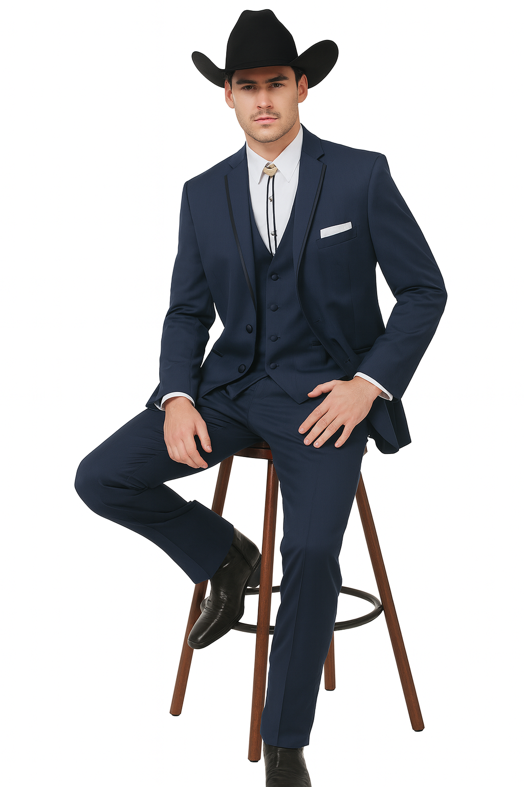 2 Button Vested Satin Trim Lapel Cowboy Tuxedo in Navy