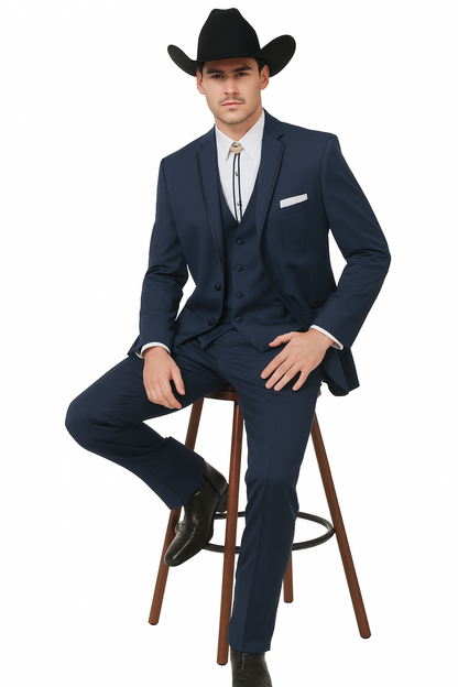 2 Button Vested Satin Trim Lapel Cowboy Tuxedo in Navy
