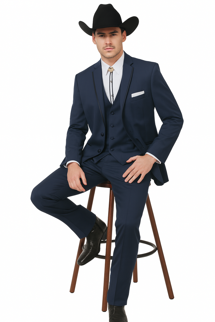2 Button Vested Satin Trim Lapel Cowboy Tuxedo in Navy