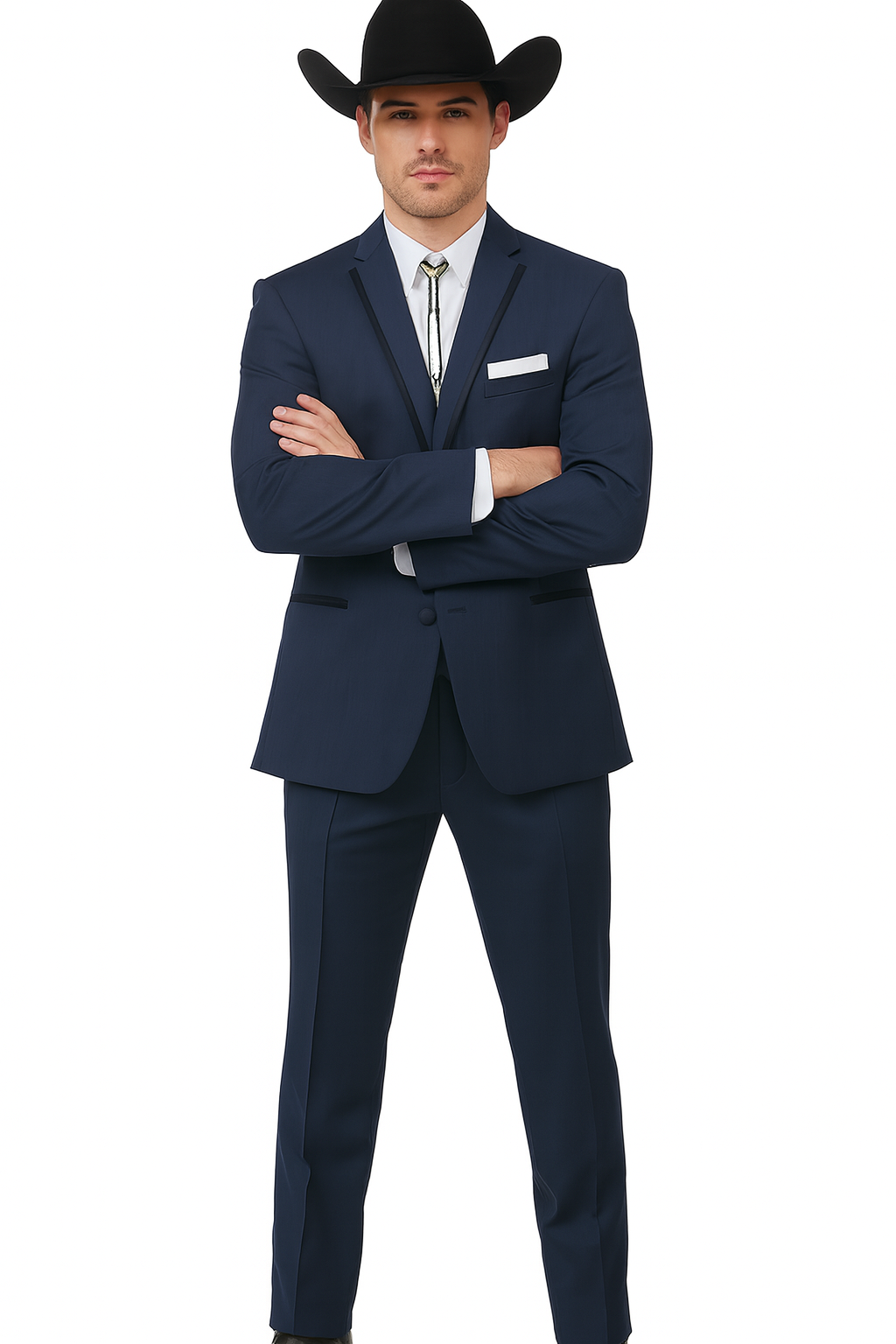 2 Button Vested Satin Trim Lapel Cowboy Tuxedo in Navy