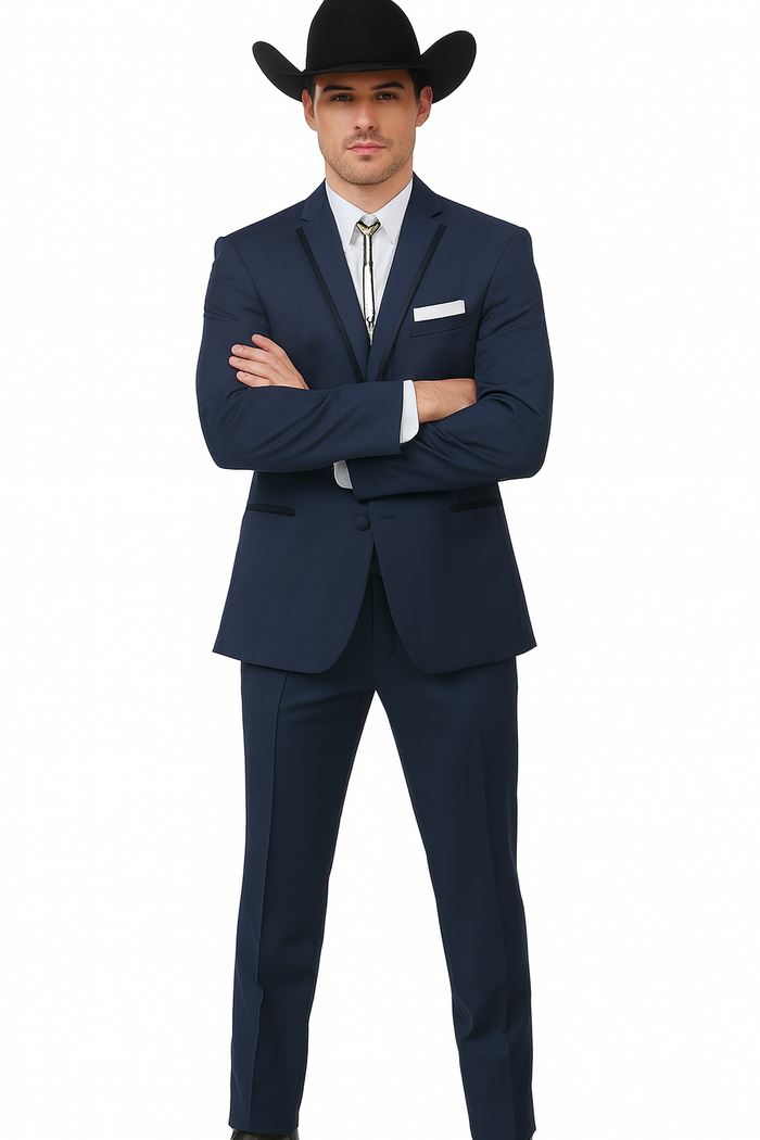 2 Button Vested Satin Trim Lapel Cowboy Tuxedo in Navy