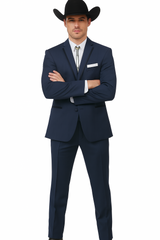 2 Button Vested Satin Trim Lapel Cowboy Tuxedo in Navy