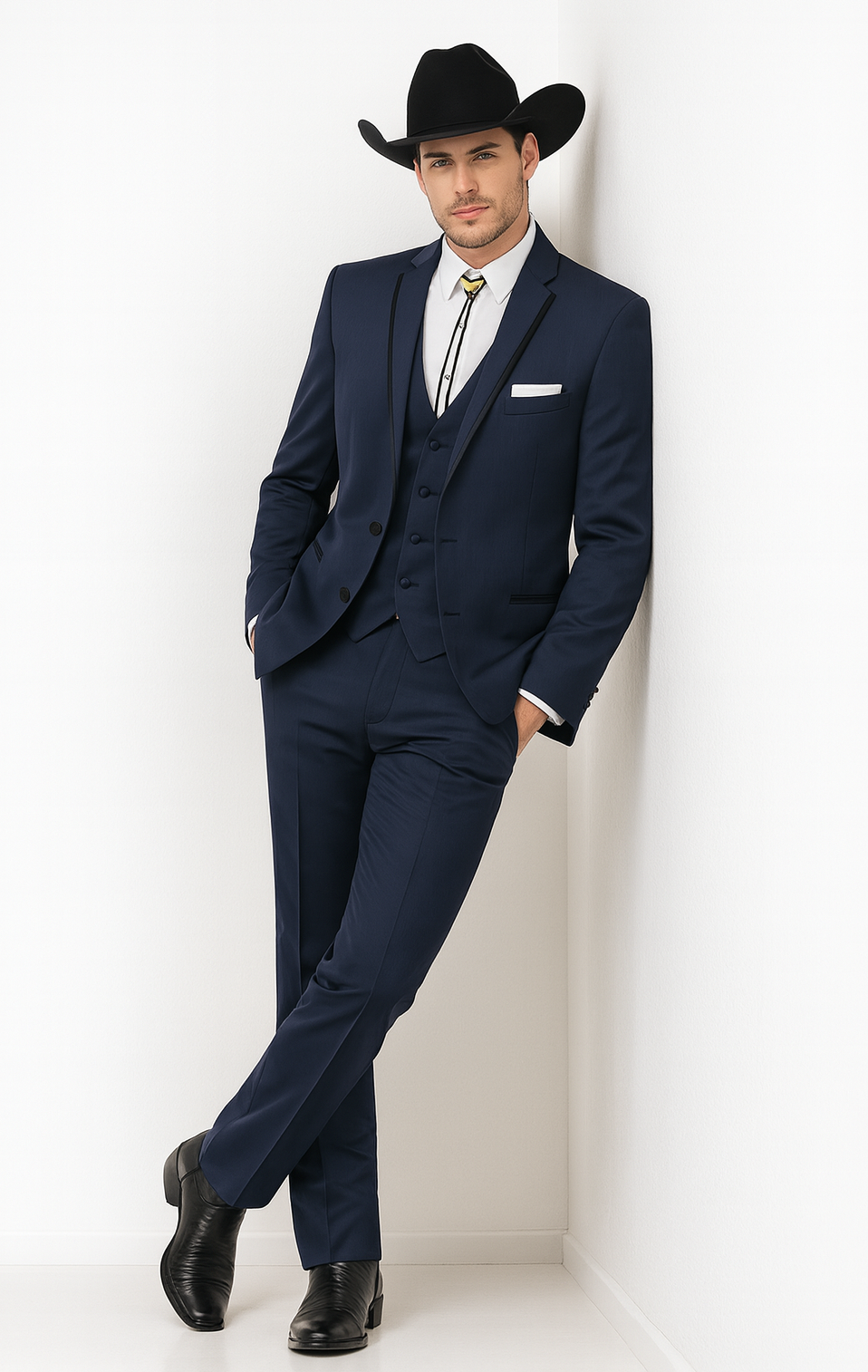 2 Button Vested Satin Trim Lapel Cowboy Tuxedo in Navy