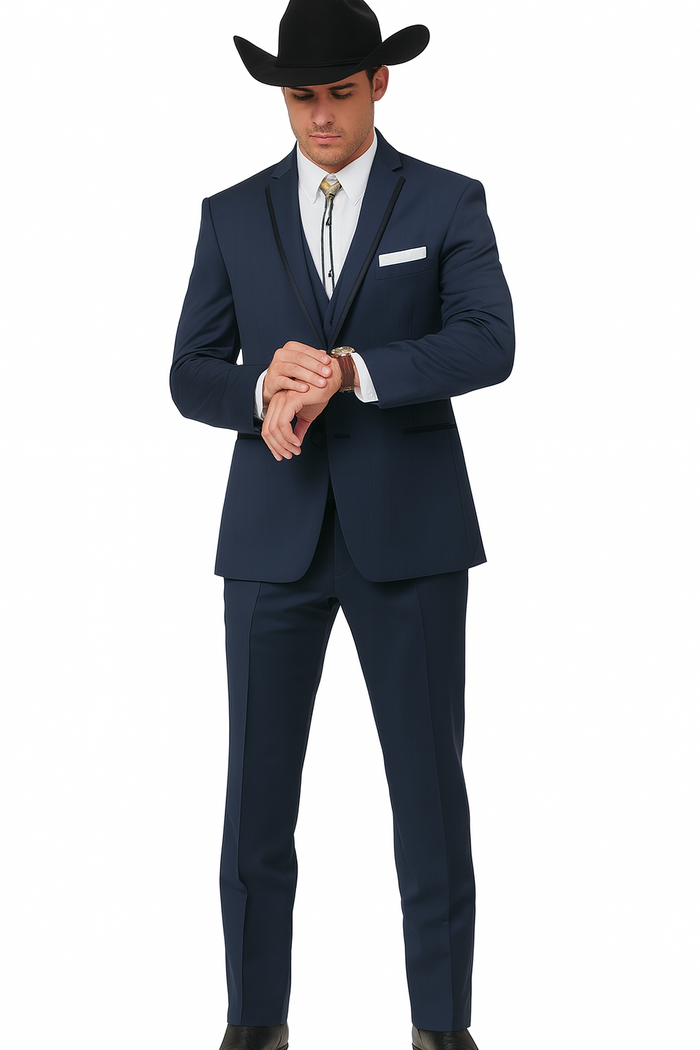 2 Button Vested Satin Trim Lapel Cowboy Tuxedo in Navy