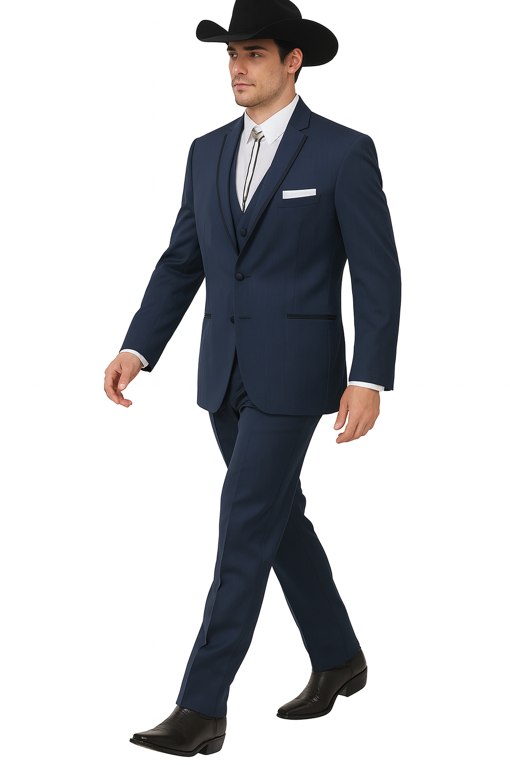 2 Button Vested Satin Trim Lapel Cowboy Tuxedo in Navy