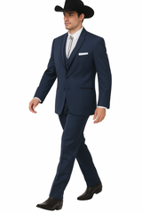 2 Button Vested Satin Trim Lapel Cowboy Tuxedo in Navy