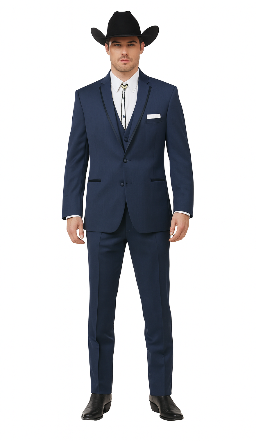 2 Button Vested Satin Trim Lapel Cowboy Tuxedo in Navy