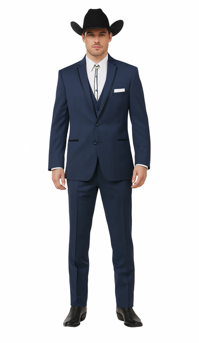 2 Button Vested Satin Trim Lapel Cowboy Tuxedo in Navy 1 73-4588  - from alligatorwarehouse.com