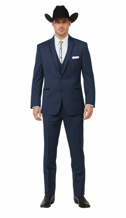 2 Button Vested Satin Trim Lapel Cowboy Tuxedo in Navy