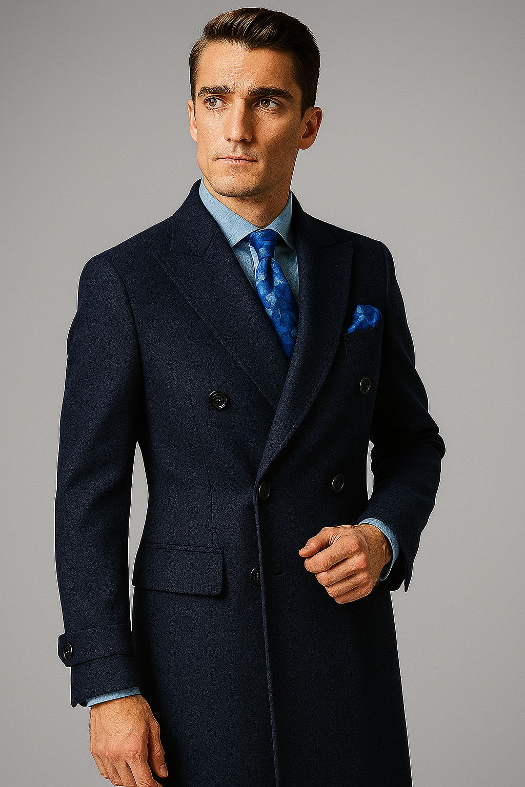"Men's Navy Wool Peacoat – Double Breasted 3/4 Length Overcoat"