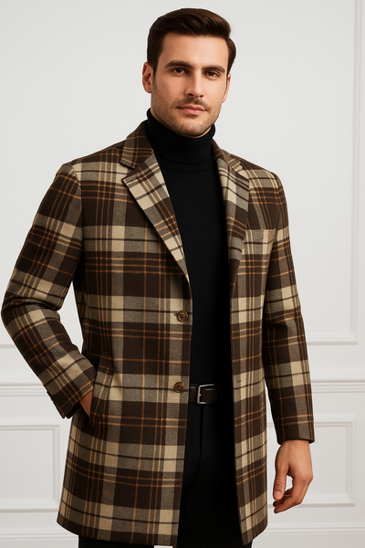 Plaid Wool Overcoat – Brown & Camel Mixed Color Topcoat 7   - from alligatorwarehouse.com