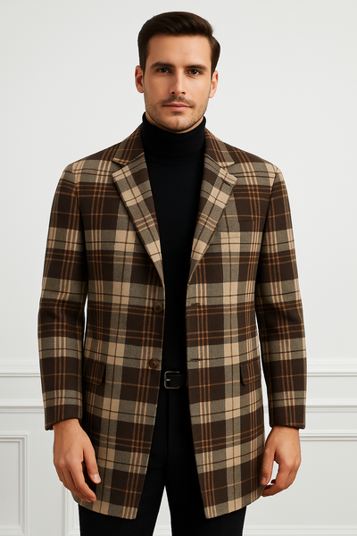 Plaid Wool Overcoat – Brown & Camel Mixed Color Topcoat 2   - from alligatorwarehouse.com