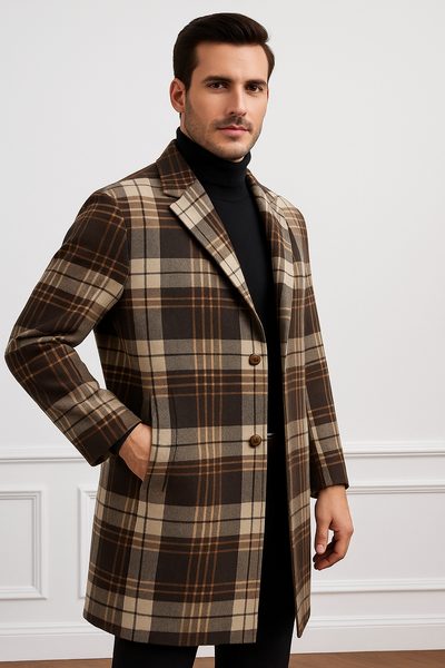 Plaid Wool Overcoat – Brown & Camel Mixed Color Topcoat 5   - from alligatorwarehouse.com