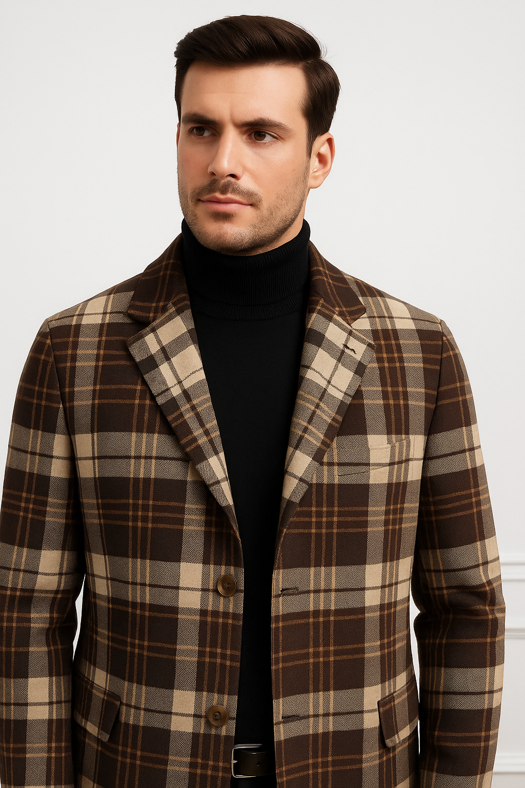 Plaid Wool Overcoat – Brown & Camel Mixed Color Topcoat