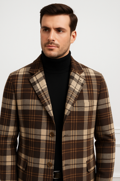 Plaid Wool Overcoat – Brown & Camel Mixed Color Topcoat 8   - from alligatorwarehouse.com