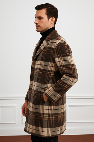 Plaid Wool Overcoat – Brown & Camel Mixed Color Topcoat 3   - from alligatorwarehouse.com