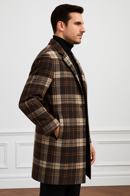Plaid Wool Overcoat – Brown & Camel Mixed Color Topcoat