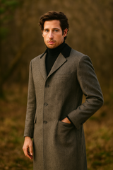 Herringbone Wool & Cashmere Chesterfield Overcoat – 1920s Full Length