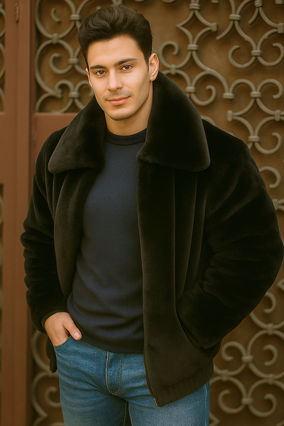 Men's Black Faux Fur Overcoat – Fuzzy Warm Winter Jacket Style 7   - from alligatorwarehouse.com