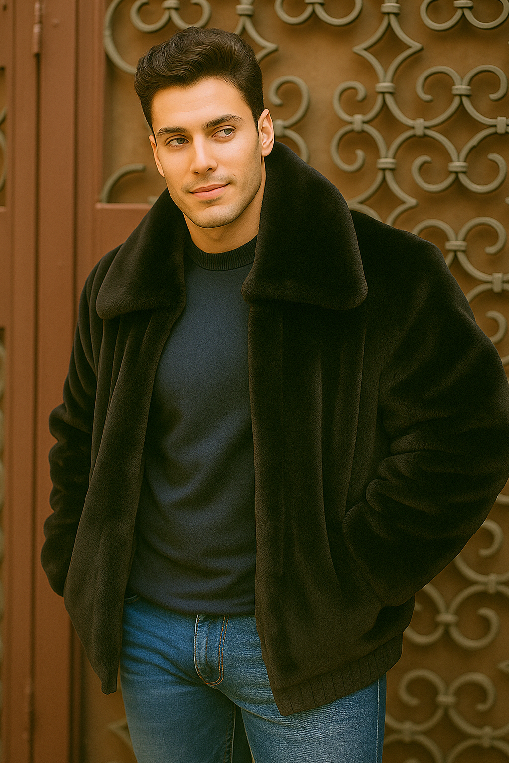 Men's Black Faux Fur Overcoat – Fuzzy Warm Winter Jacket Style 5   - from alligatorwarehouse.com