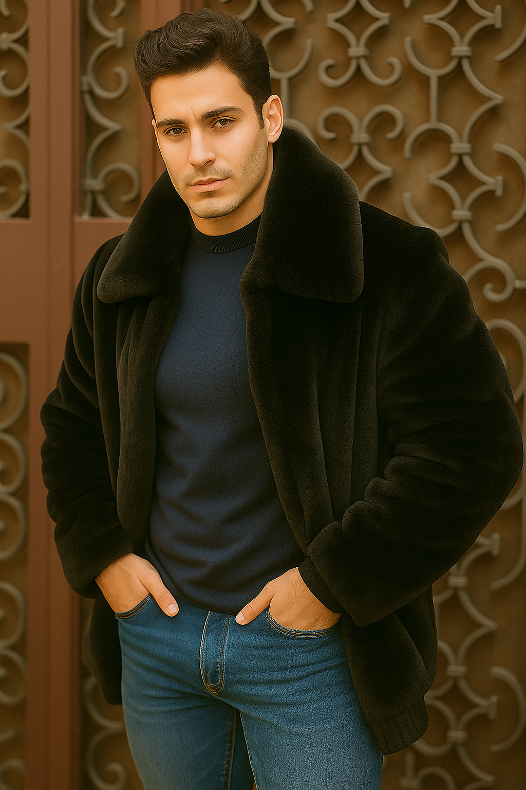 Men's Black Faux Fur Overcoat – Fuzzy Warm Winter Jacket Style 4   - from alligatorwarehouse.com