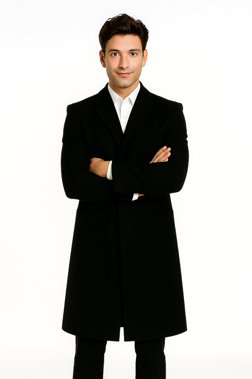 Men's Black Wool Overcoat – 3 Button Ankle Length Winter Dress Coat