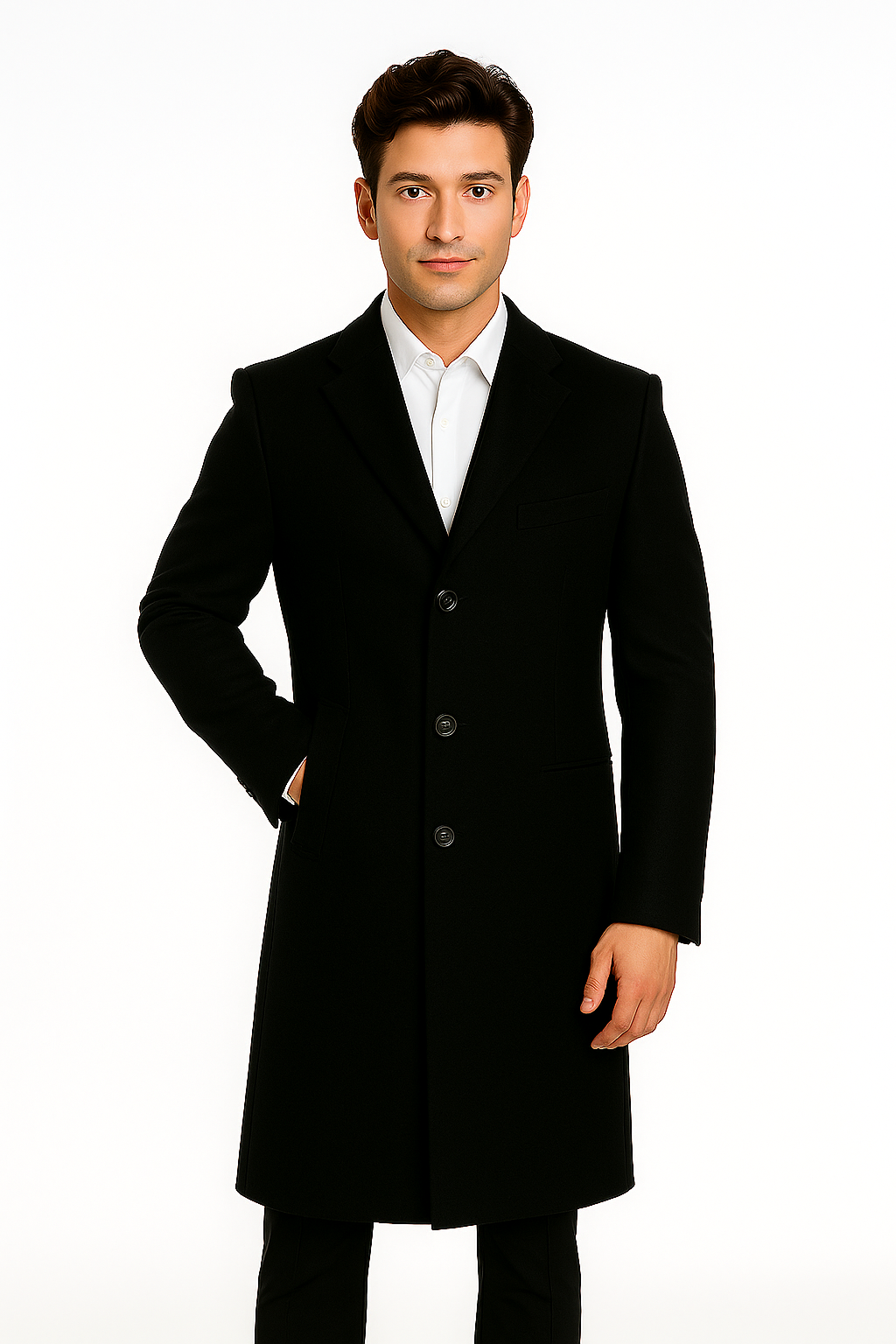 Men's Black Wool Overcoat – 3 Button Ankle Length Winter Dress Coat