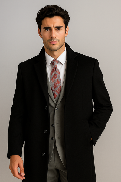Men's Black Wool & Cashmere Overcoat – Classic Full Length Topcoat 4 SO1CL48-Black-S  - from alligatorwarehouse.com