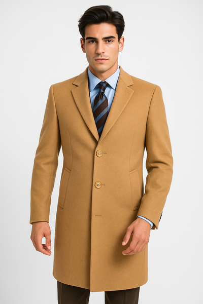 Men's Camel Wool & Cashmere Overcoat – Classic Full Length Topcoat 1 SO1CL48-Camel-S  - from alligatorwarehouse.com