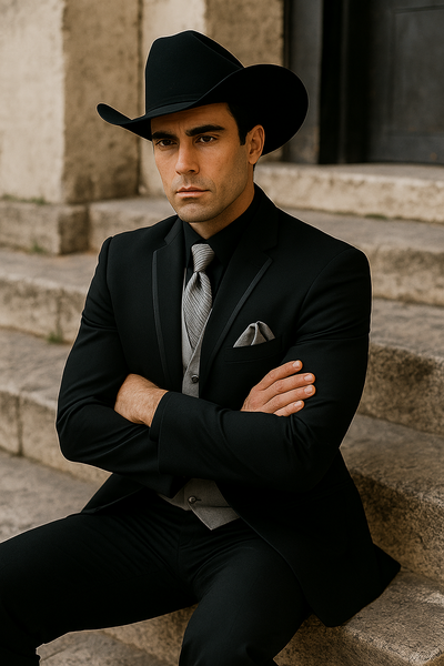 Men’s Black Western Tuxedo with Silver Vest & Cowboy Hat – Slim Fit 6   - from alligatorwarehouse.com