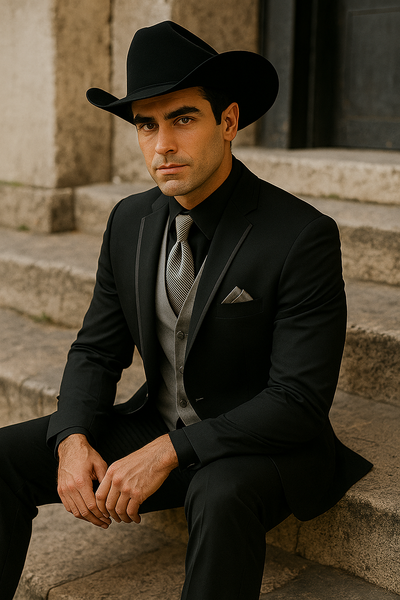 Men’s Black Western Tuxedo with Silver Vest & Cowboy Hat – Slim Fit 4   - from alligatorwarehouse.com