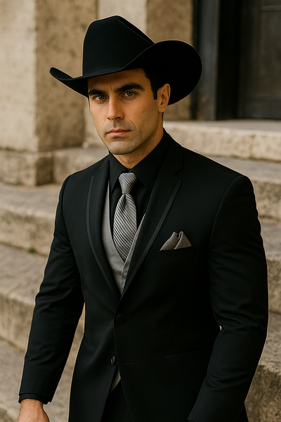 Men’s Black Western Tuxedo with Silver Vest & Cowboy Hat – Slim Fit 5   - from alligatorwarehouse.com