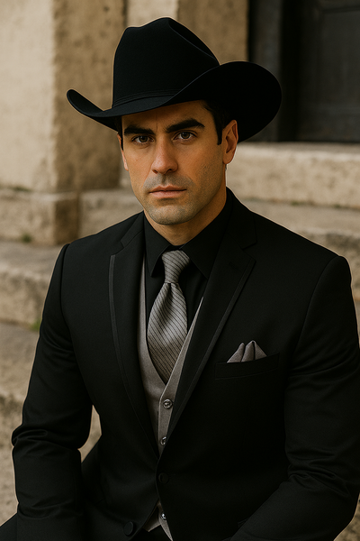 Men’s Black Western Tuxedo with Silver Vest & Cowboy Hat – Slim Fit 7   - from alligatorwarehouse.com