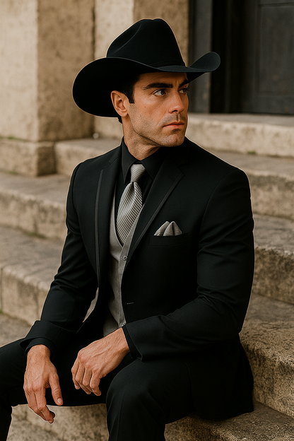 Men’s Black Western Tuxedo with Silver Vest & Cowboy Hat – Slim Fit