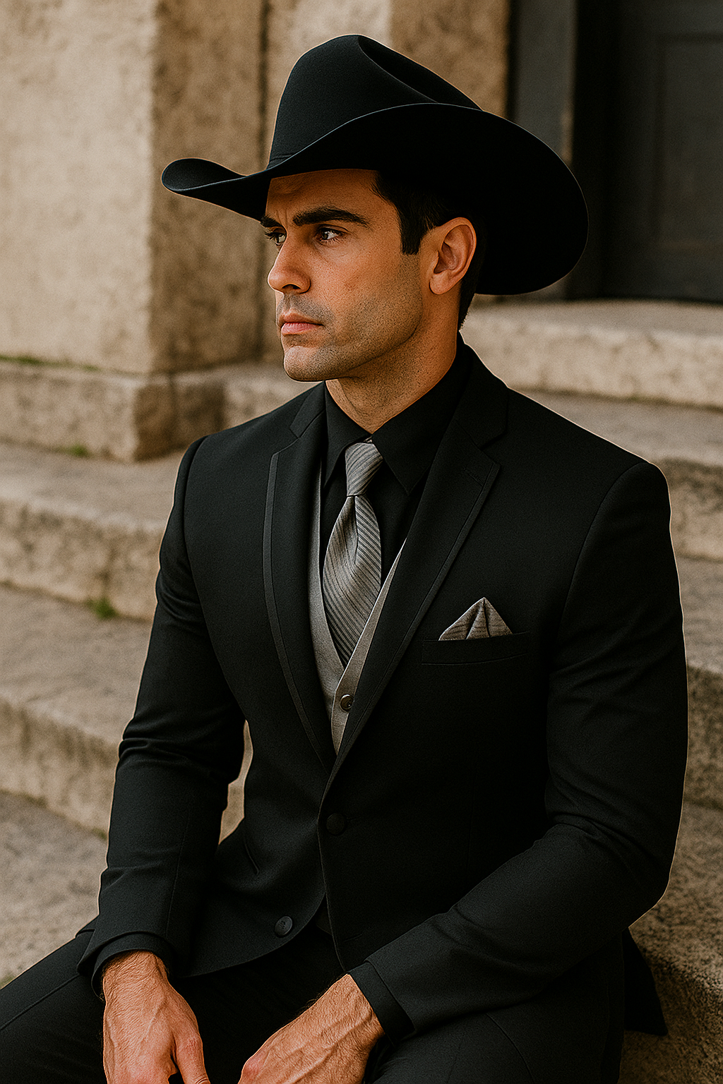 Men’s Black Western Tuxedo with Silver Vest & Cowboy Hat – Slim Fit