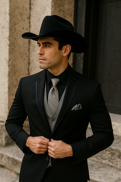 Men’s Black Western Tuxedo with Silver Vest & Cowboy Hat – Slim Fit 3   - from alligatorwarehouse.com