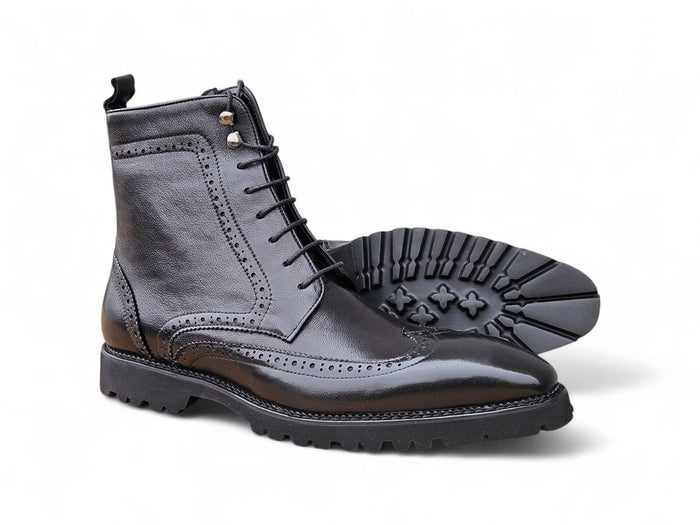 Carrucci Hudson Black Wingtip Boot Lug Sole