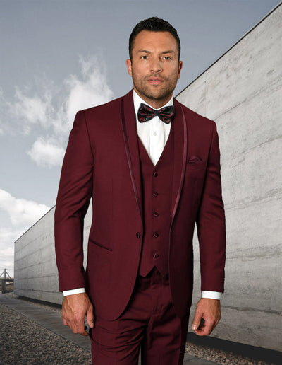 Mens Vested Shawl Lapel Tuxedo With Satin Trim in Burgundy 1 CAESAR_BURGUNDY_36S  - from alligatorwarehouse.com
