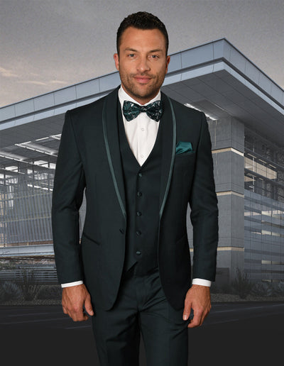 Mens Vested Shawl Lapel Tuxedo With Satin Trim in Hunter Green 1 CAESAR_HUNTER_36S  - from alligatorwarehouse.com