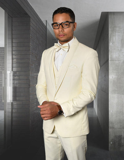 Mens Vested Shawl Lapel Tuxedo With Satin Trim in Ivory 1 CAESAR_OFFWHITE_42S  - from alligatorwarehouse.com