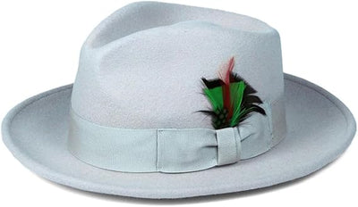 Gangster 100% Austrailian Wool Crushable Mens Fedora Hat - Removable Feather Gangster Sky Blue Mens Fedora Hat 1   - from alligatorwarehouse.com