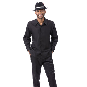 Black Tone-on-Tone Wave Texture Long Sleeve 2-Piece Walking Suit