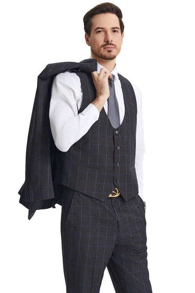 Men's Stacy Adams Peak Lapel Charcoal Grey Windowpane Plaid Suit with a Scoop Neck Vest 4 SM172H1-21-38R  - from alligatorwarehouse.com