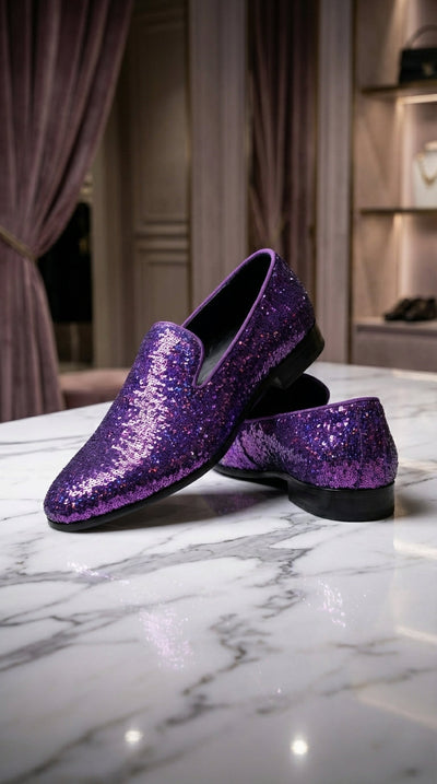 Mens Purple Sequin Dress Shoes Slip on  – Luxury Slip On Formal Loafers Wedding Prom Party Designer Footwear