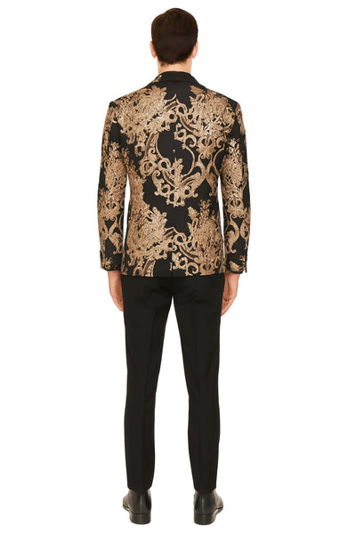 Mens Black and Rose Gold Floral Embroidered Blazer Suit Black Pants – Luxury Tuxedo Jacket for Weddings, Proms and Parties 2   - from alligatorwarehouse.com