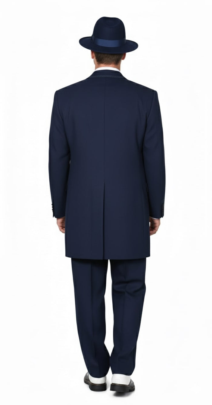 Mens 1920s Navy Blue Zoot Suit – Vintage Gangster 3-Piece Long Jacket Suit Classic Fit Pleated Pants