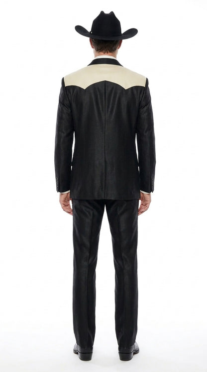 Men's Black Western Suit with White Shoulder Yoke – 2 Piece Cowboy Wedding Suit & Western Blazer with Matching Dress Pants