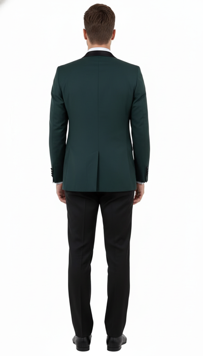 Men’s Green Tuxedo Suit – Slim Fit Jacket with Black Satin Shawl Lapel and Black Pants in Hunter Green 6   - from alligatorwarehouse.com