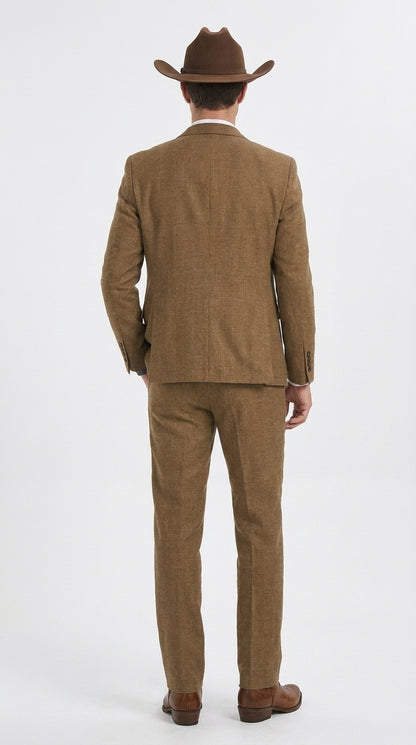 Men’s Light Brown Western 3-Piece Suit – Cowboy Wedding Suit with Vest British Khaki Bronze Color