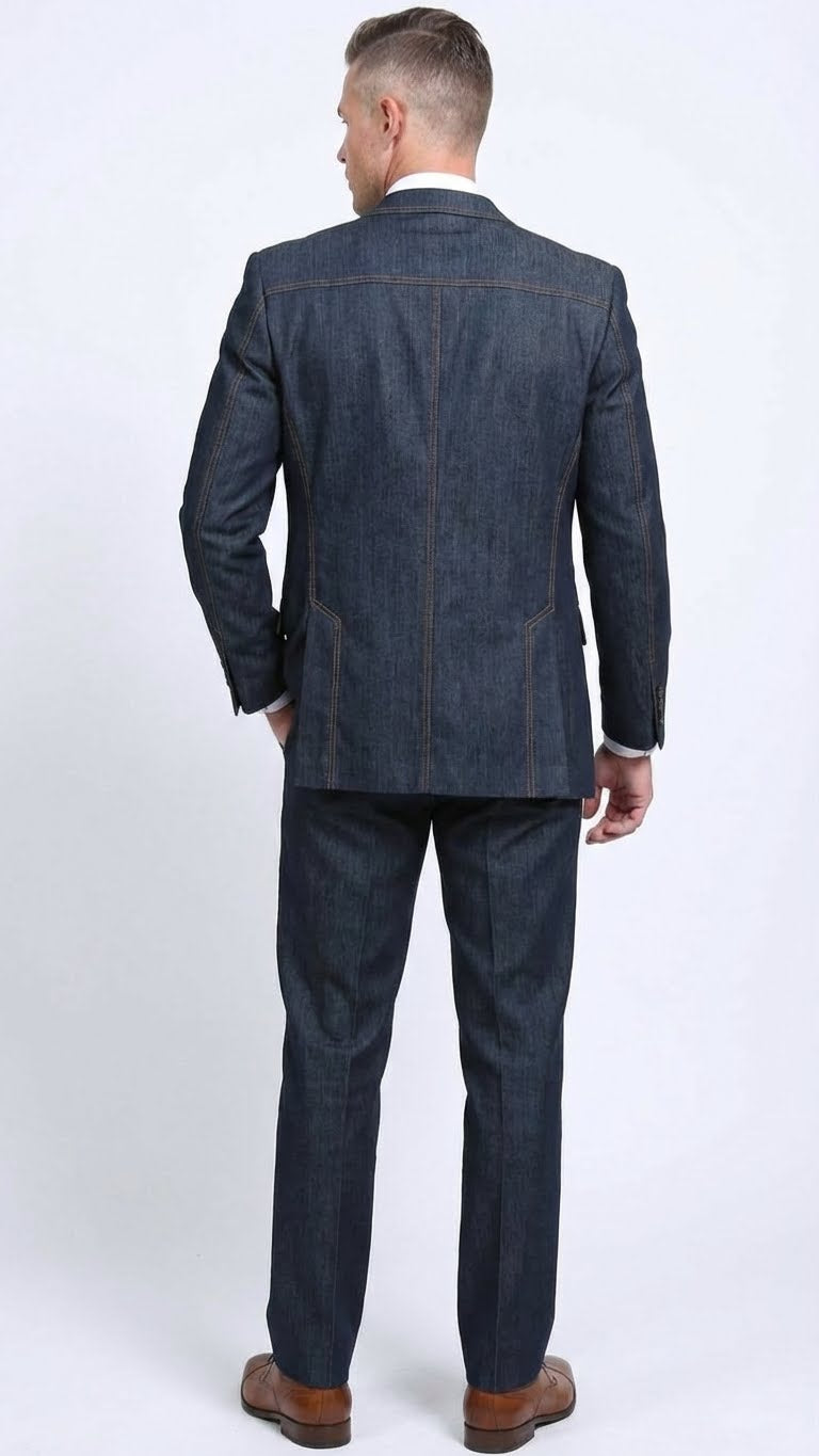 Men’s Dark Denim Blue Fabric Suit – Classic Three Piece Denim Suit for Wedding, Party and Formal Events